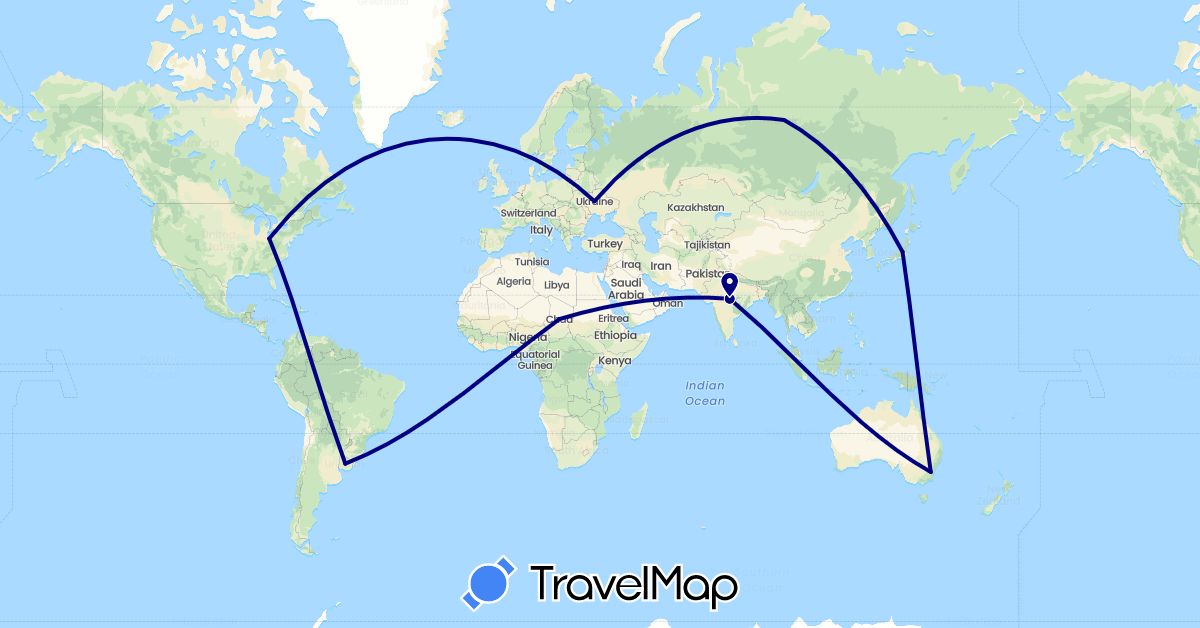 TravelMap itinerary: driving in Australia, India, Japan, Russia, Chad, Ukraine, United States, Uruguay (Africa, Asia, Europe, North America, Oceania, South America)